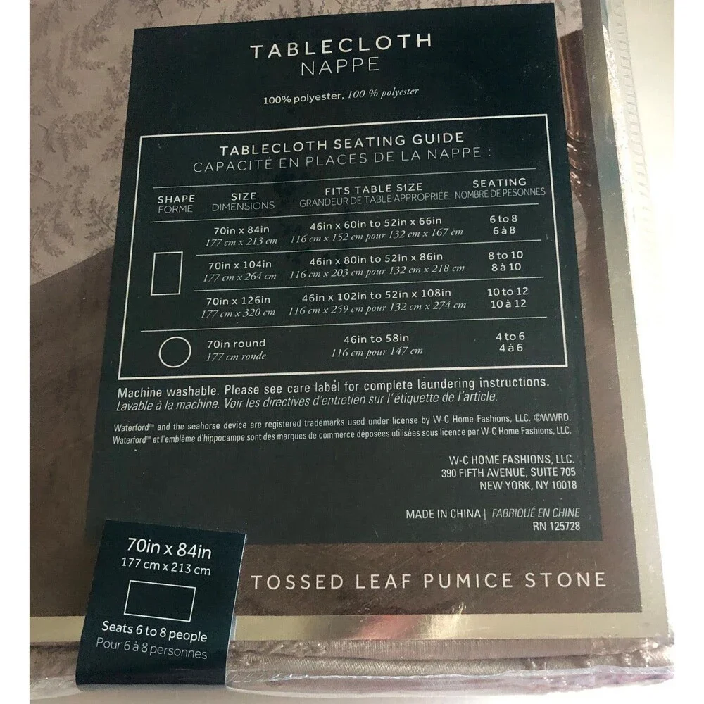 Waterford Luxury Christmas Fabric Tablecloth Gray Tossed Leaf Pumice Stone 70x84